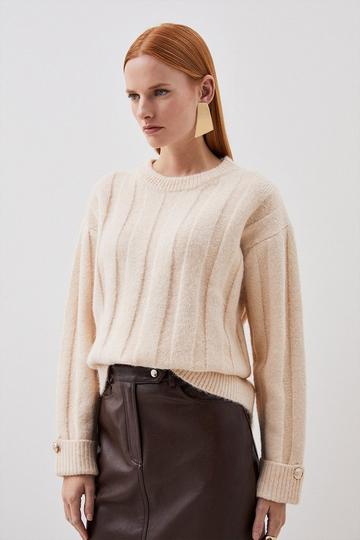 Wool Blend Mohair Look Flat Rib Knit Sweater ivory