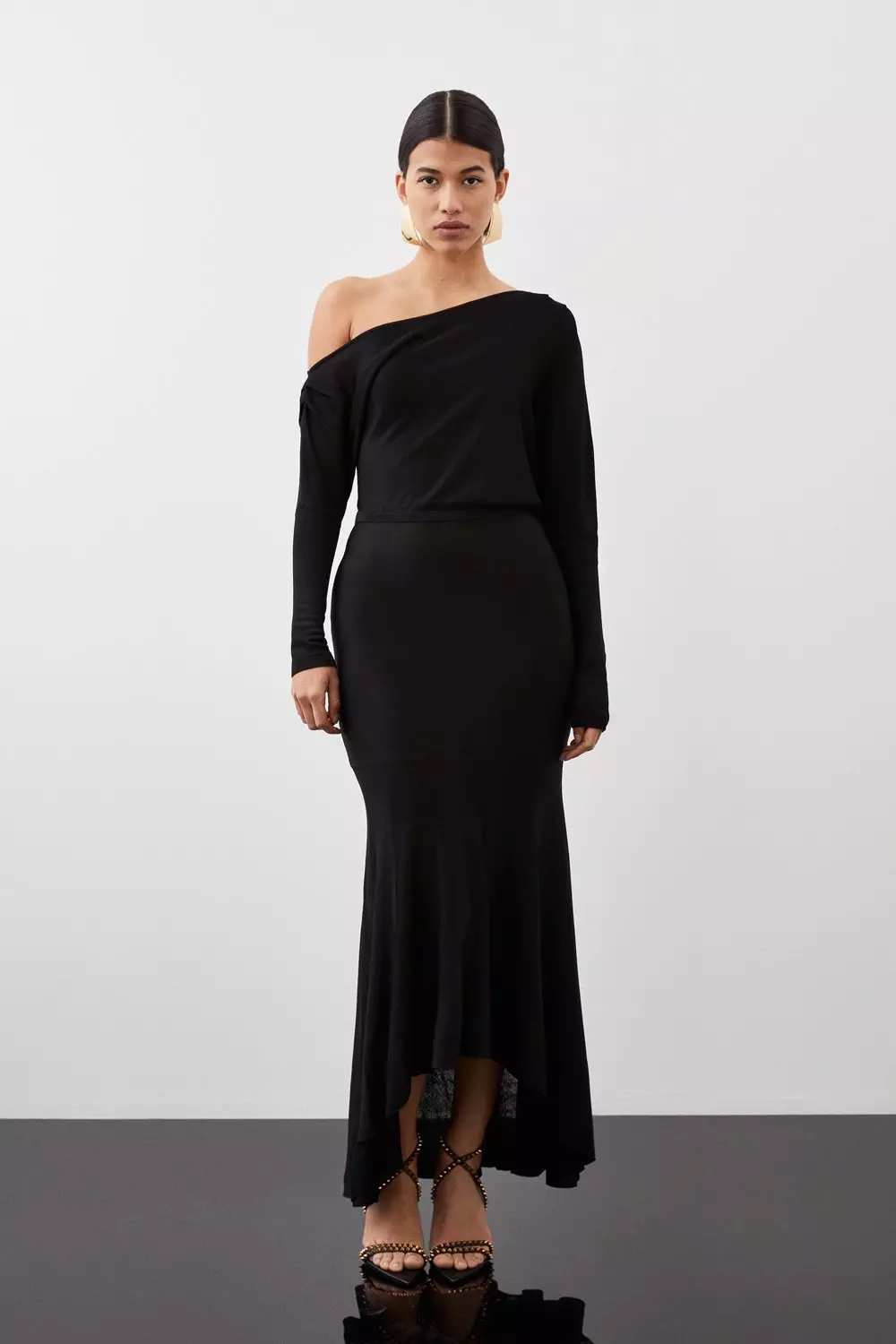 Slinky Viscose Knit Off The Shoulder High Low Maxi Dress Karen Millen