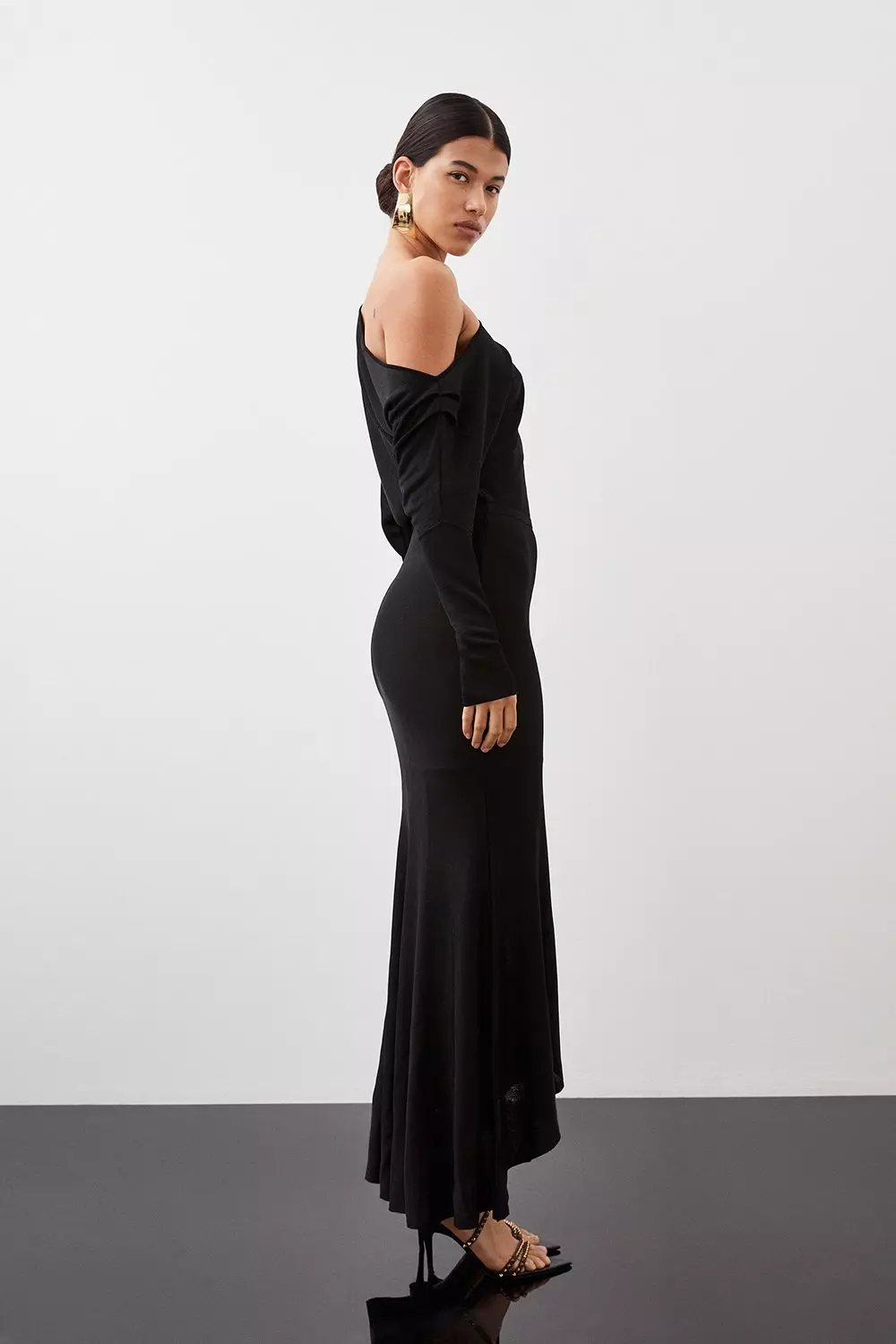 Slinky Viscose Knit Off The Shoulder High Low Maxi Dress