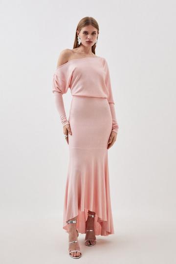 Pink Slinky Viscose Knit Off The Shoulder High Low Midaxi Dress