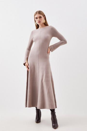 Compact Knit Wool Look Full Skirt Midaxi Dress mushroom