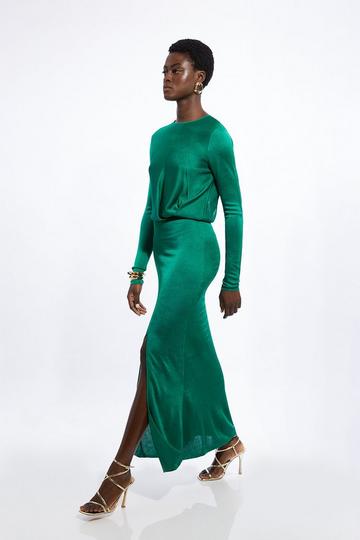 Green Slinky Viscose Split Detail Knit Maxi Dress