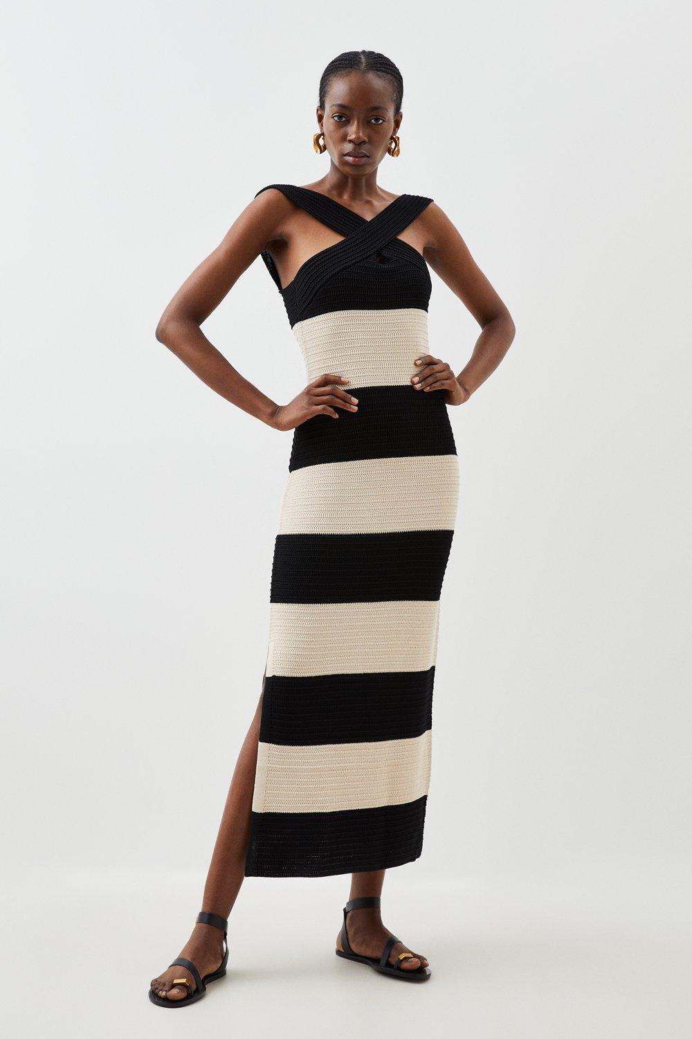 Viscose Blend Striped Cross Front Knit Midi Dress | Karen Millen