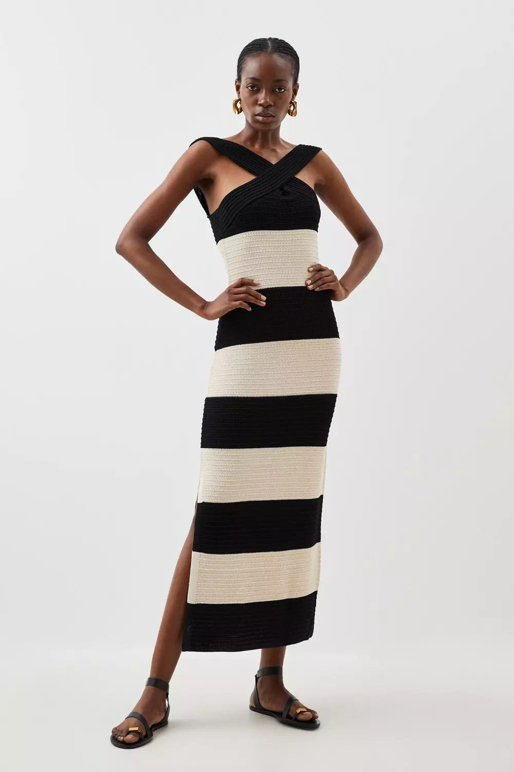 Viscose Blend Striped Cross Front Knit Midi Dress Karen Millen