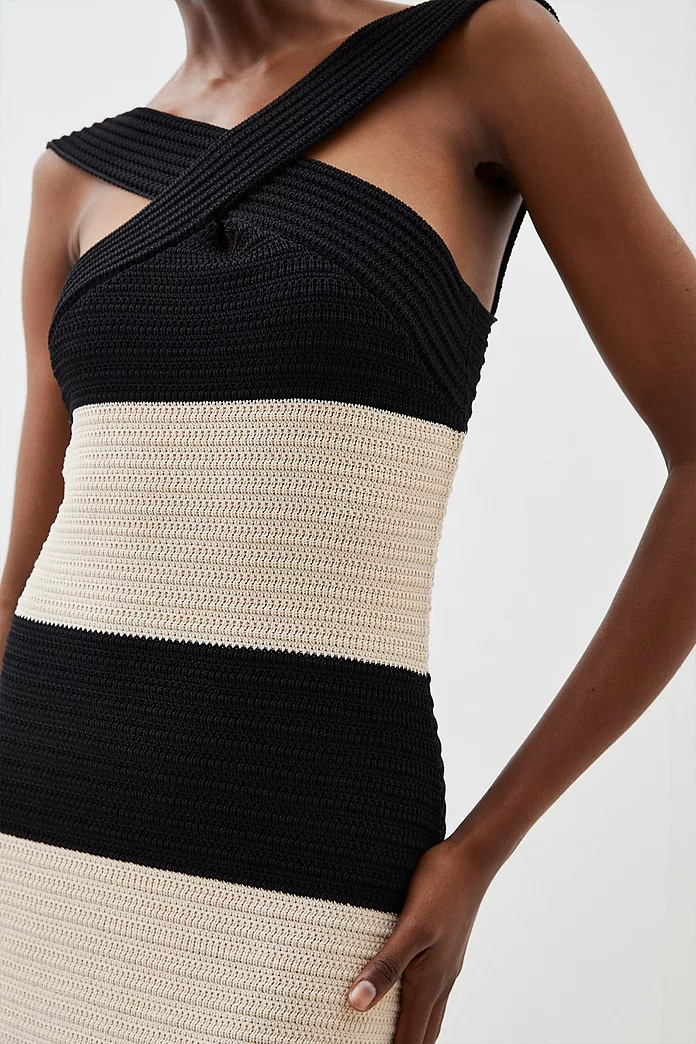 Viscose Blend Striped Cross Front Knit Midi Dress | Karen Millen Viscose Blend Striped Cross Front Knit Midi Dress | Karen Millen