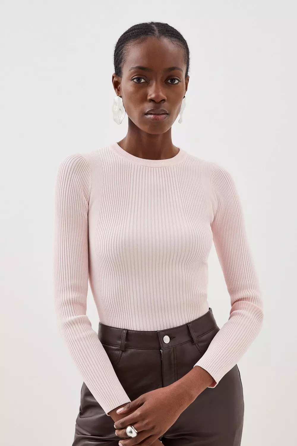 ニット セーター Volume Sleeve Rib Knit Top レディース Viscose Blend Rib Knit Long Sleeve Top | Karen Millen