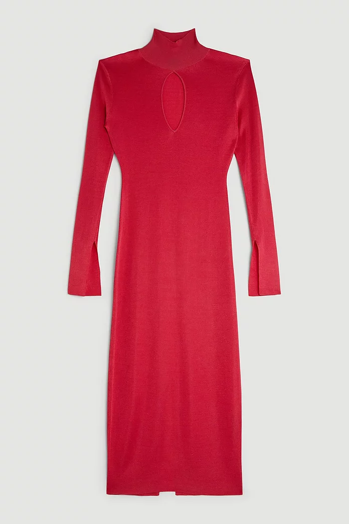 Slinky Viscose High Neck Keyhole Knit Midi Dress | Karen Millen Slinky Viscose High Neck Keyhole Knit Midi Dress | Karen Millen