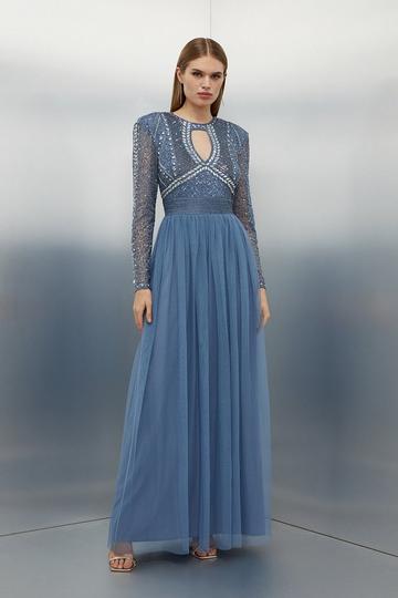 Blue Embellished Woven Maxi Dress With Tulle Skirt