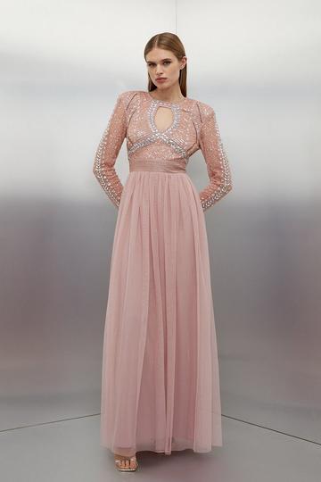 Embellished Woven Maxi Dress With Tulle Skirt blush