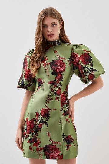Lydia Millen Tall Floral Jacquard Panelled Puff Sleeve Woven Mini Dress green
