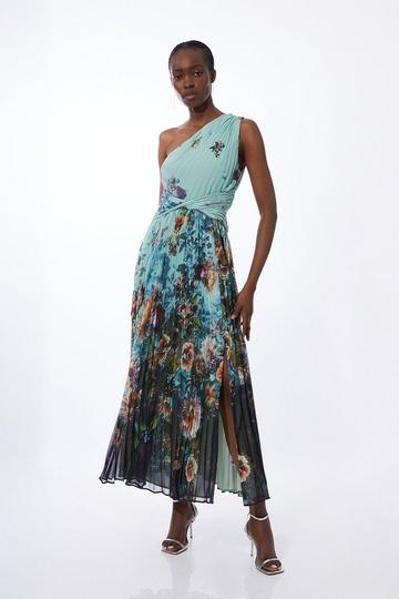 Tall Printed Pleated Yoryu Crinkle Woven Maxi Dress