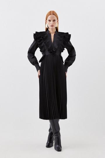 Black Drama Pleated Detail Woven Midi Dress