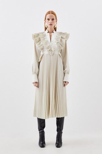 Cream White Cotton Pleated Detail Woven Midi Dress