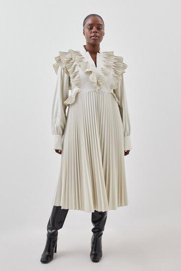 Cream White Plus Size Cotton Pleated Detail Woven Midi Dress