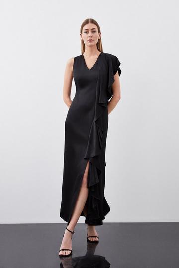 Tailored Satin Back Crepe Ruffle Maxi Dress black