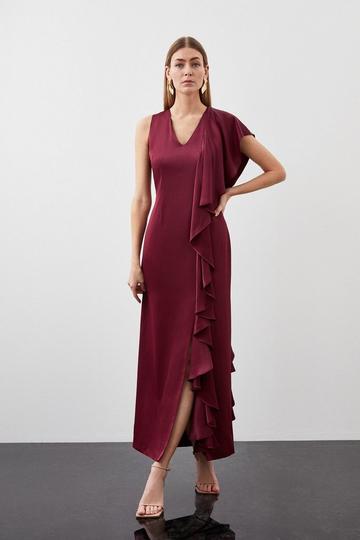 Tailored Satin Back Crepe Ruffle Maxi Dress merlot