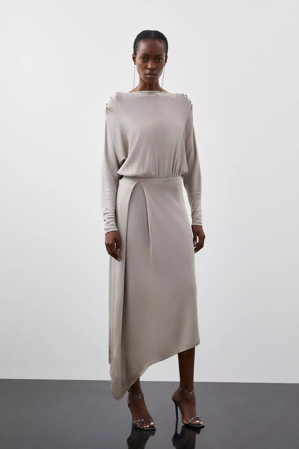 Mink Slinky Viscose  Knit Round Sleeve Midi Dress alternative image
