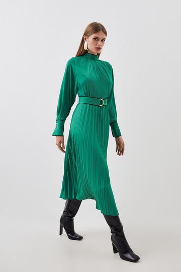 Tall Piping Detail Pleated Georgette Woven Maxi Dress green