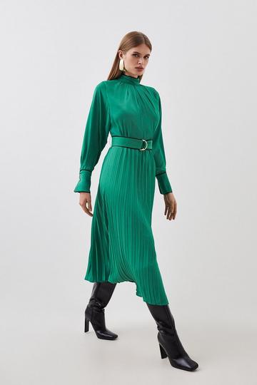 Piping Detail Georgette Pleated Woven Midi Dress green