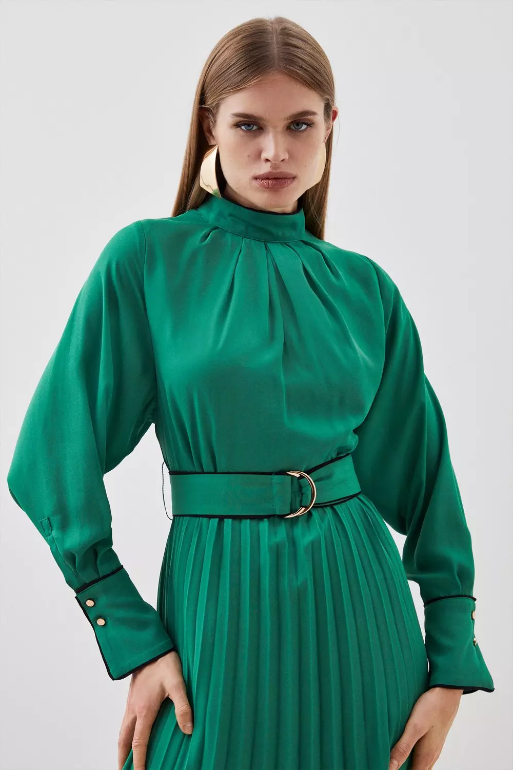 Piping Detail Georgette Pleated Woven Midi Dress Karen Millen