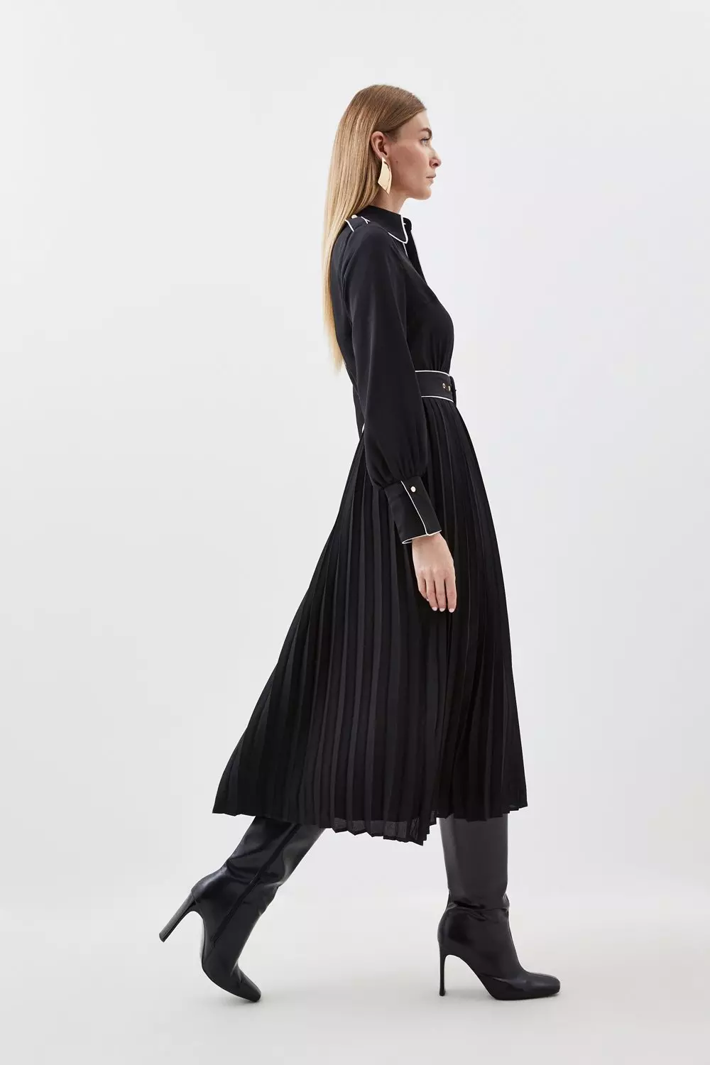 Petite Piping Detail Georgette Pleated And Belted Woven Midi