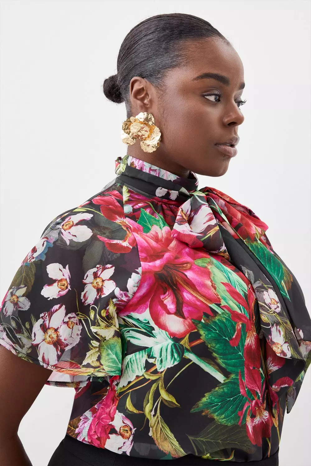 Plus Size Garden Floral Georgette Tie Neck Woven Blouse
