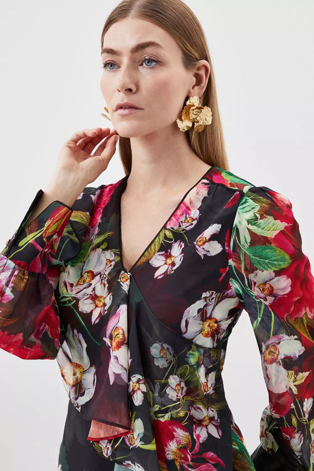 Garden Floral Printed Georgette Belted Woven Maxi Dress