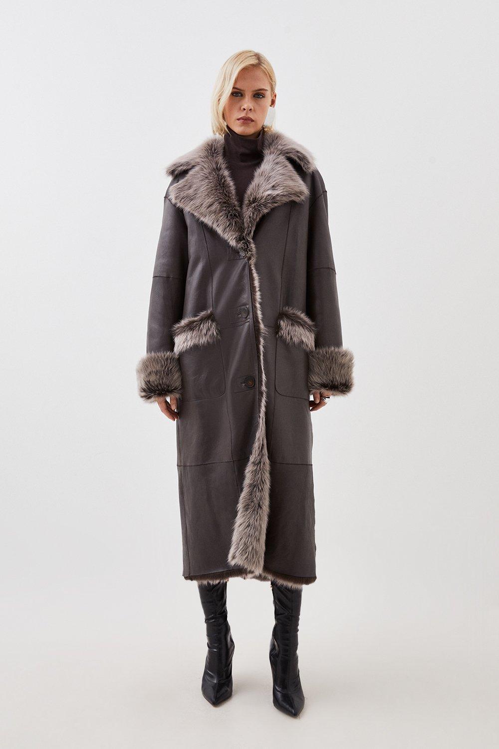 Sheepskin Shearling And Leather Collared Maxi Coat | Karen Millen