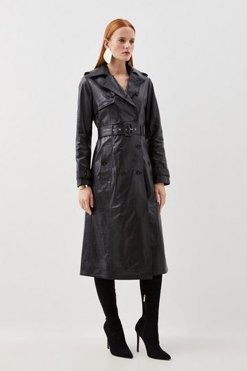 Leather Trench Belted Mac Midi Coat black