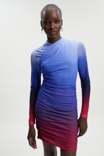Purple Ombre Printed Mesh Ruched Mini Dress