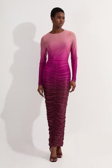 Ombre Printed Mesh Ruched Long Sleeve Maxi Dress pink