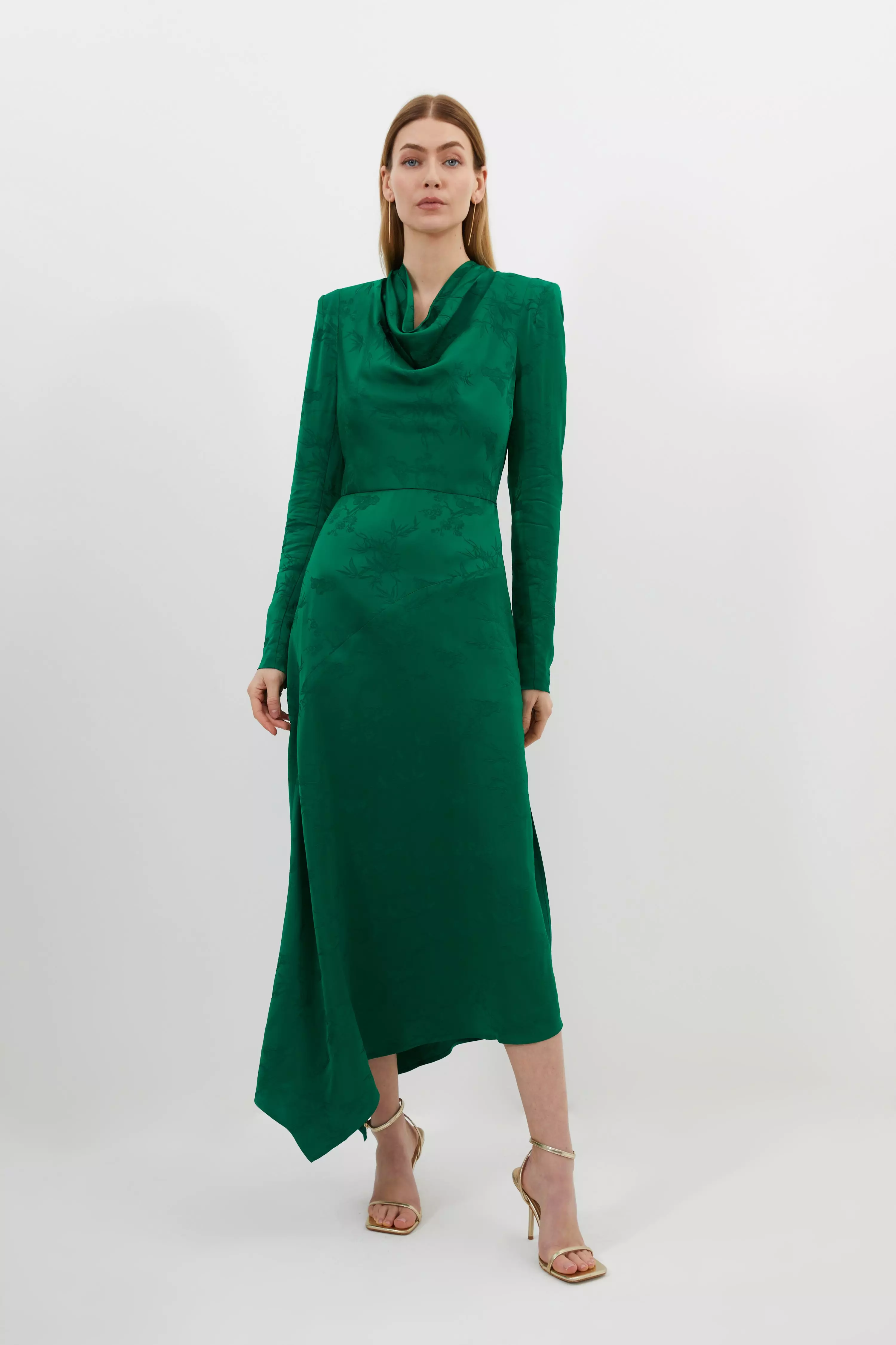 Premium Jacquard Cowl Long Sleeve Woven Midi Dress Karen Millen