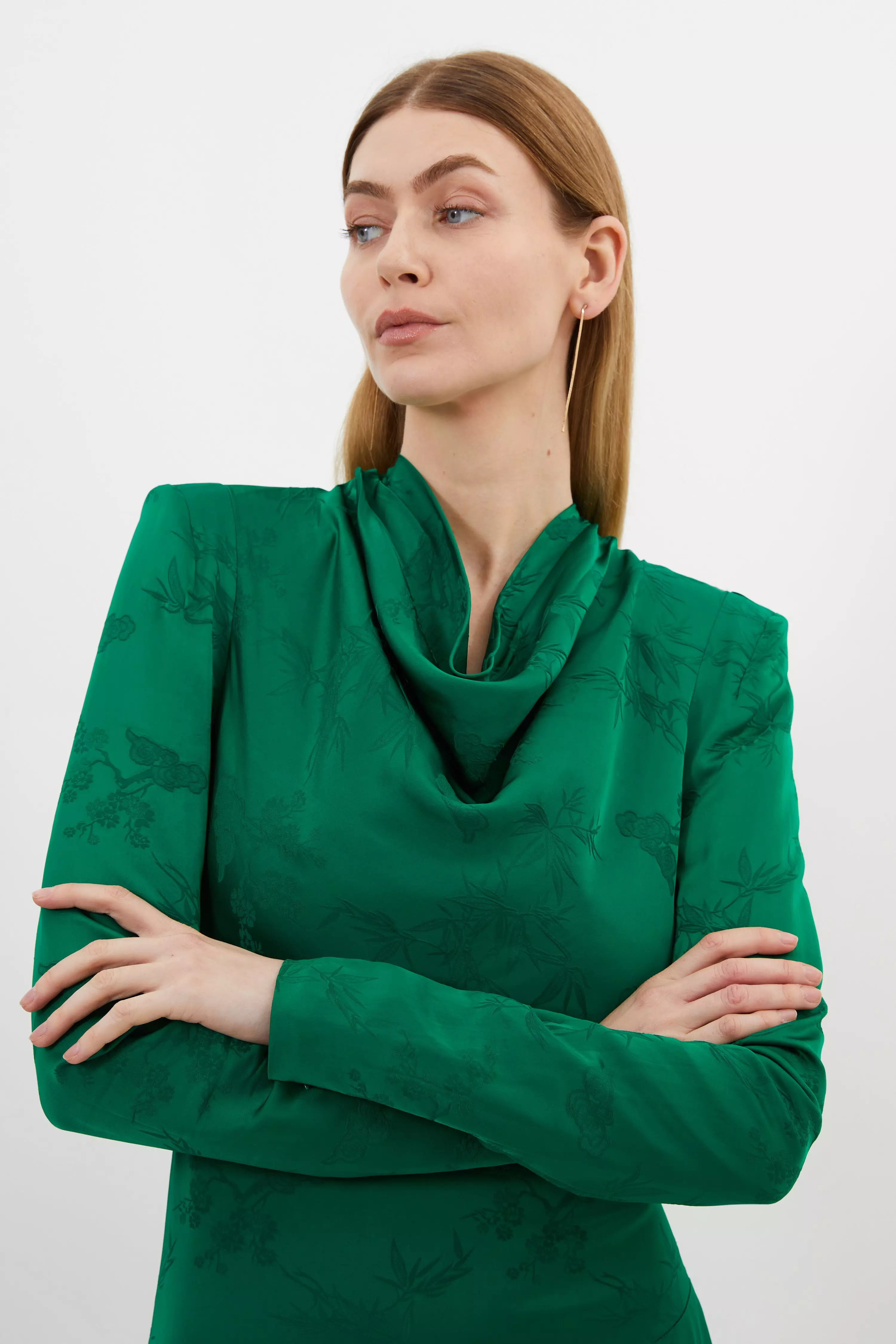 Premium Jacquard Cowl Long Sleeve Woven Midi Dress | Karen