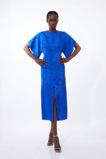 Blue Petite Premium Jacquard Woven Midaxi Sleeve Dress
