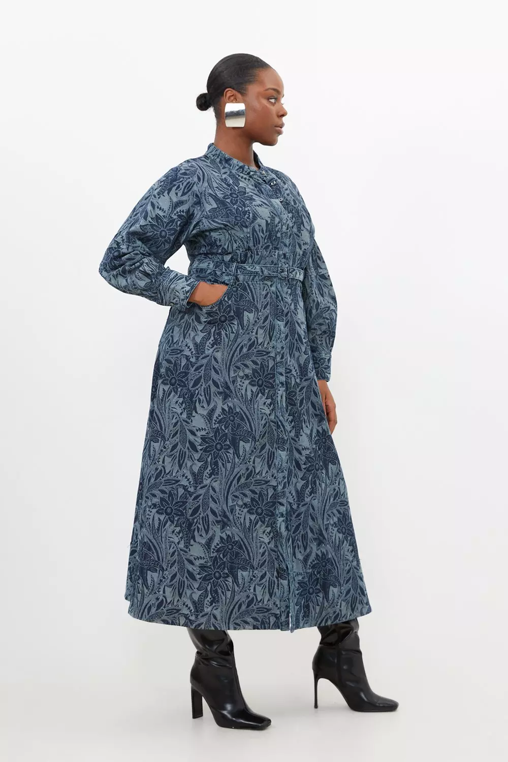 Plus Size Denim Floral Jacquard Woven Midi Dress | Karen Millen