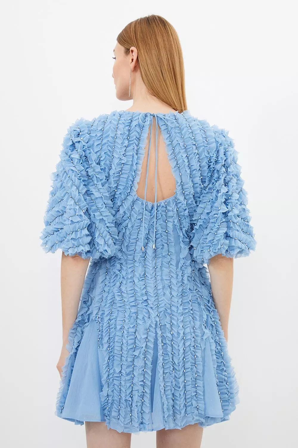 Embellished Ruffle Puff Sleeve Woven Mini Dress | Karen Millen