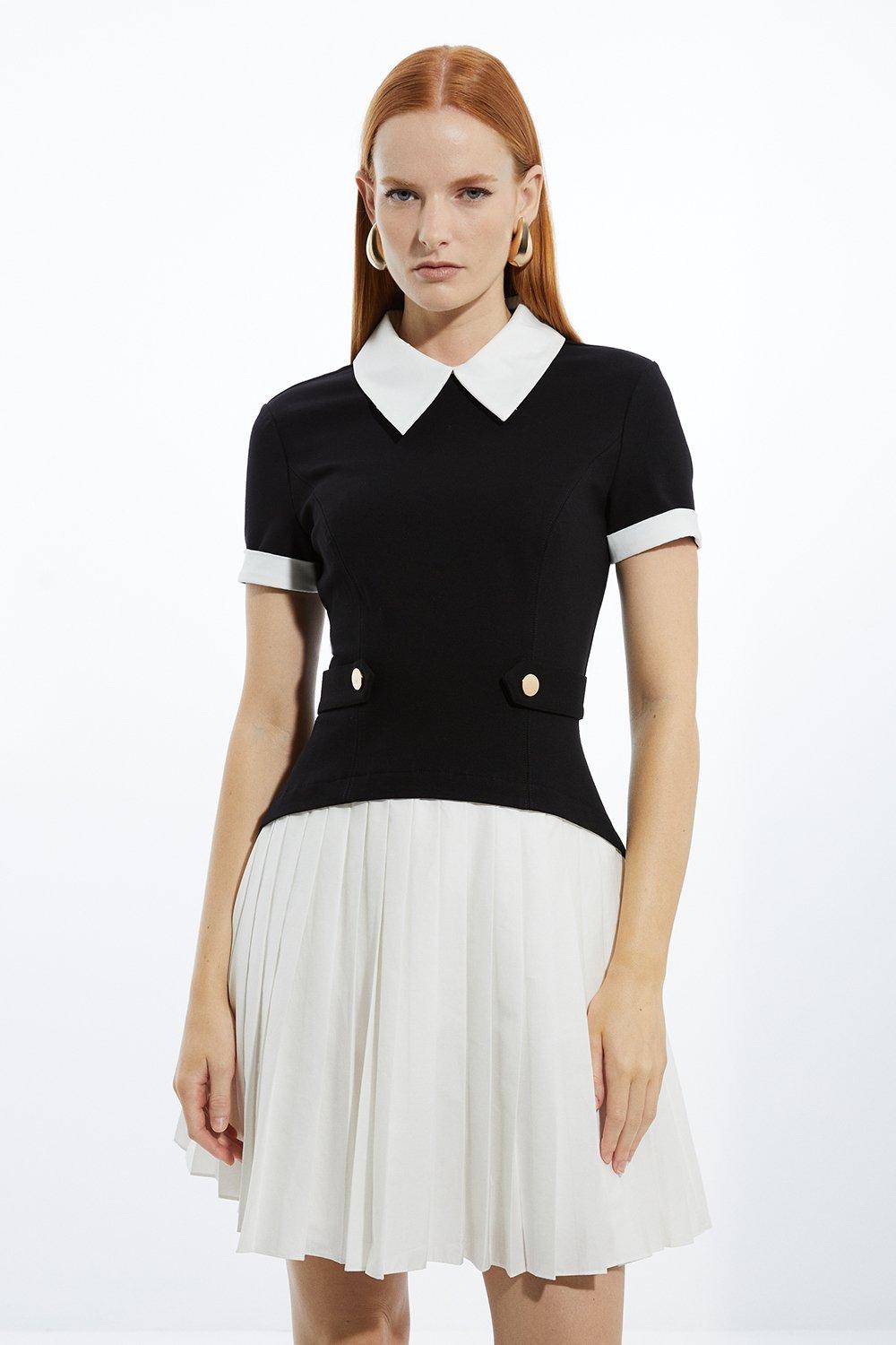 【Karen Millen】ジャージー プリーツ ミニ ワンピース Ponte And Power Mesh Mini Dress | Karen Millen
