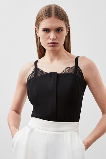 Black Jersey Ponte And Lace Panelled Top