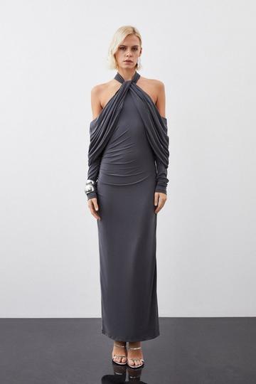 Soft Touch Slinky Jersey Halter Maxi Dress charcoal
