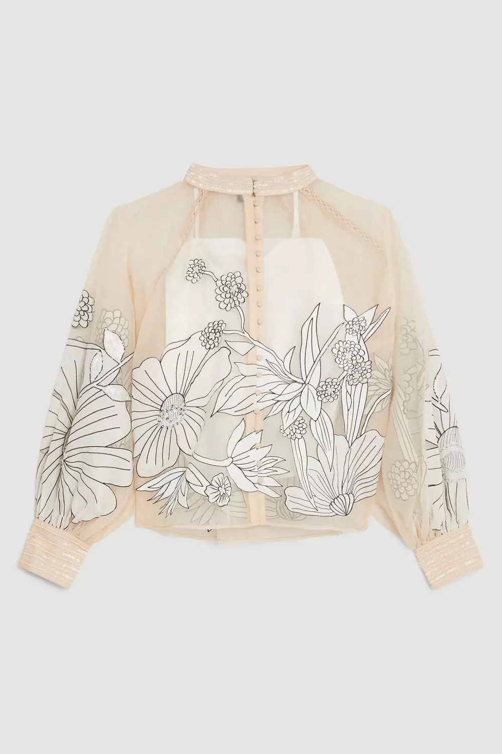 Plus Size Organdie Applique Buttoned Satin Woven Blouse