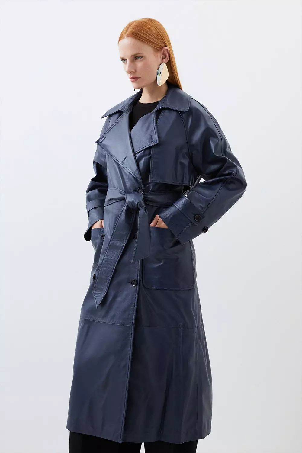 Leather Pocket Detail Belted Trench Coat | Karen Millen