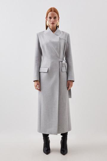 Grey Tailored Asymmetric Side Belted Maxi Coat