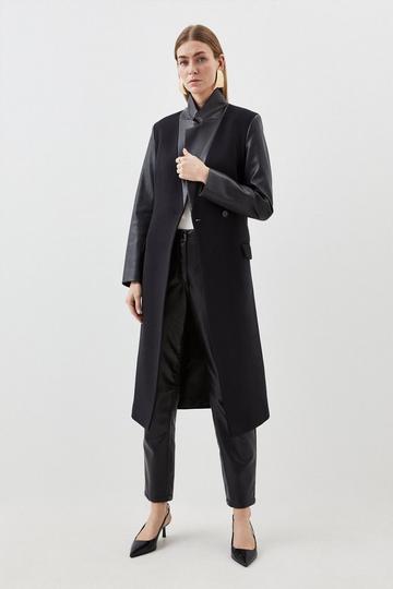 Italian Wool Pu Contrast Detail Belted Coat black