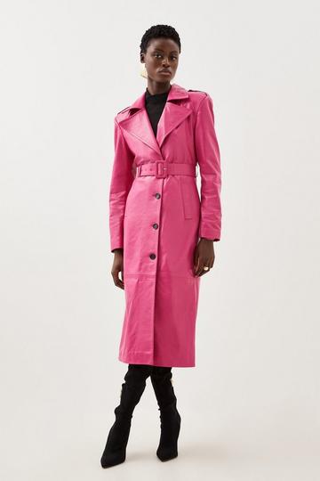 Leather Structured Collared Belted Coat hot pink