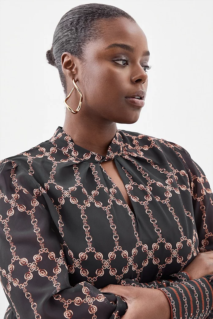 Plus Size Chain Print Twisted Neck Woven Blouse | Karen Millen Plus Size Chain Print Twisted Neck Woven Blouse | Karen Millen