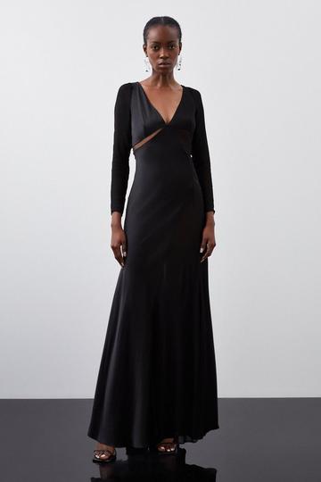 Ooto Sheer Panneled Long Sleeve Woven Maxi Dress
