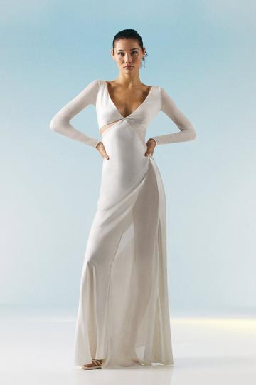 Ooto Sheer Panelled Long Sleeve Woven Maxi Dress ivory