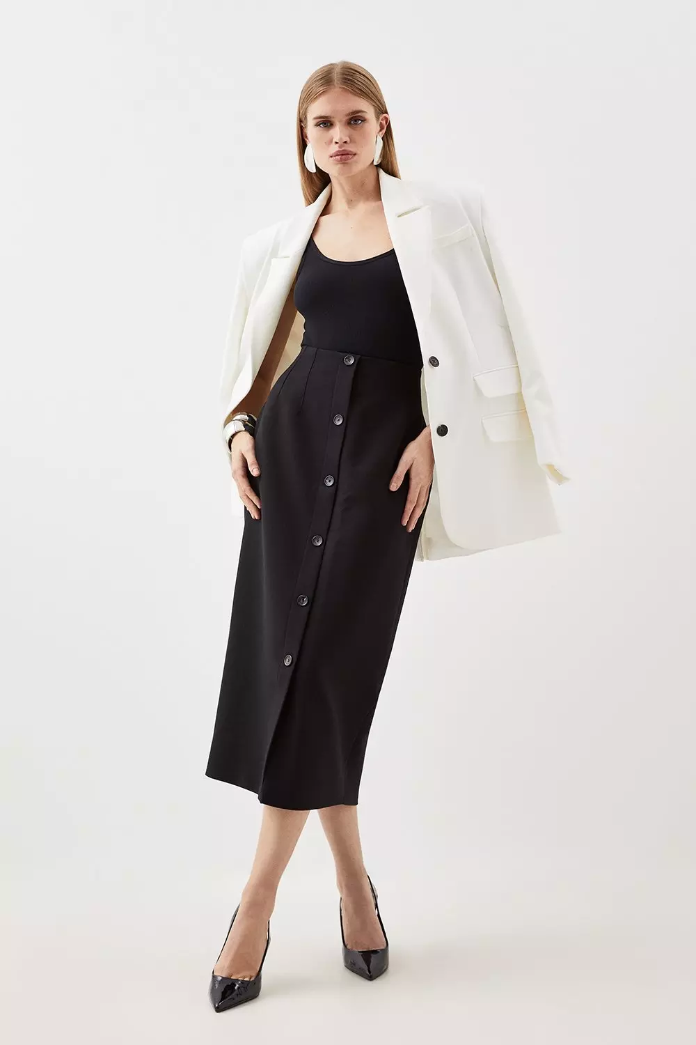 Tailored Compact Essential Button Through Midi Pencil Skirt Karen Millen