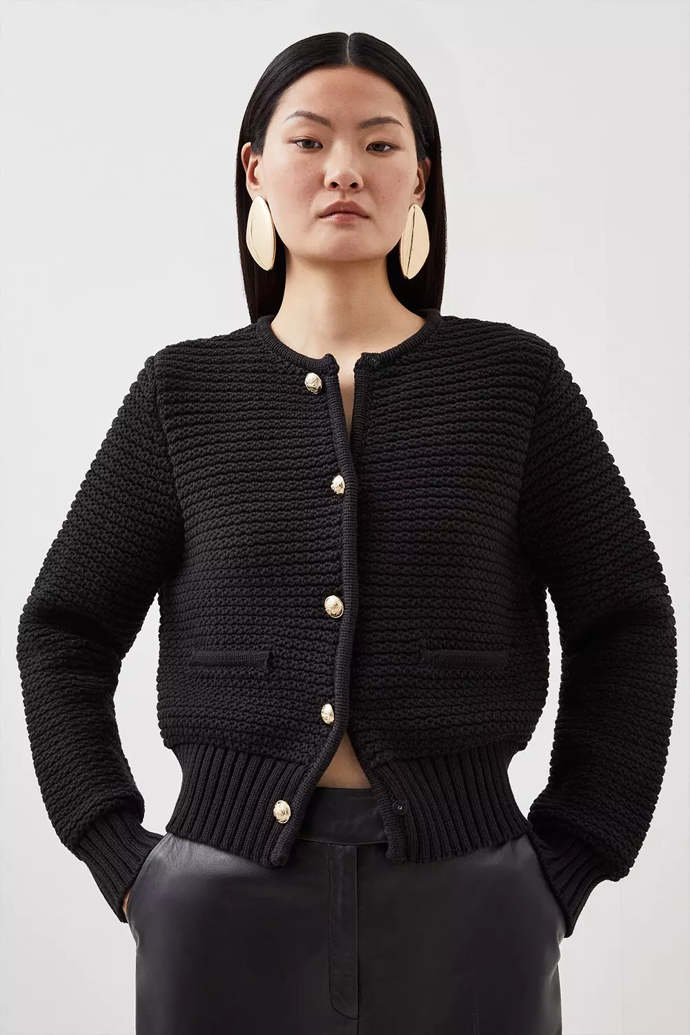 Tubular Cotton Chunky Knit Cardigan | Karen Millen