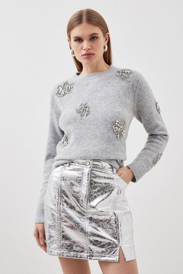 Wool Blend Embellished Cosy Knit Sweater grey marl